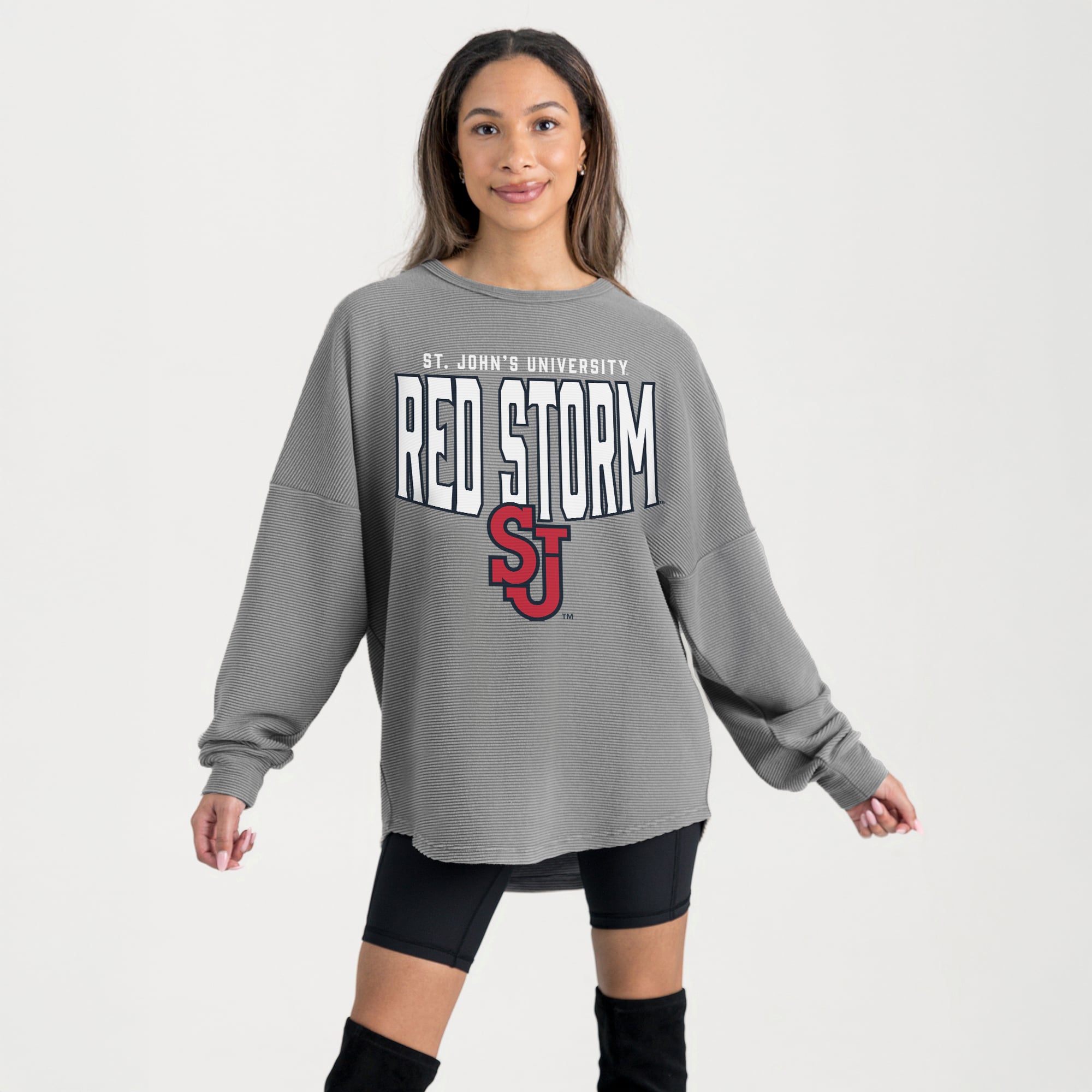 Women's Gameday Couture Gray St. John's Red Storm Oversized Pure Motion Corded Sweatshirt