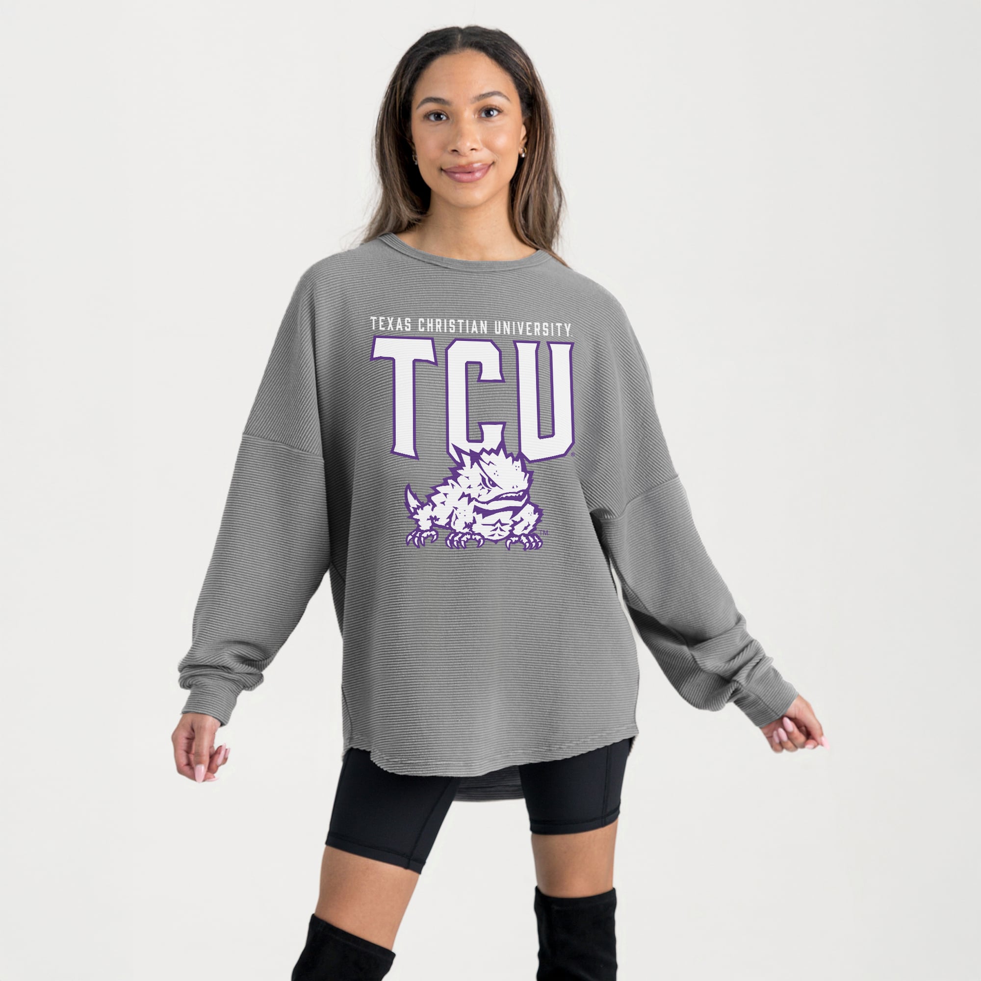 Women's Gameday Couture Gray TCU Horned Frogs Oversized Pure Motion Corded Sweatshirt