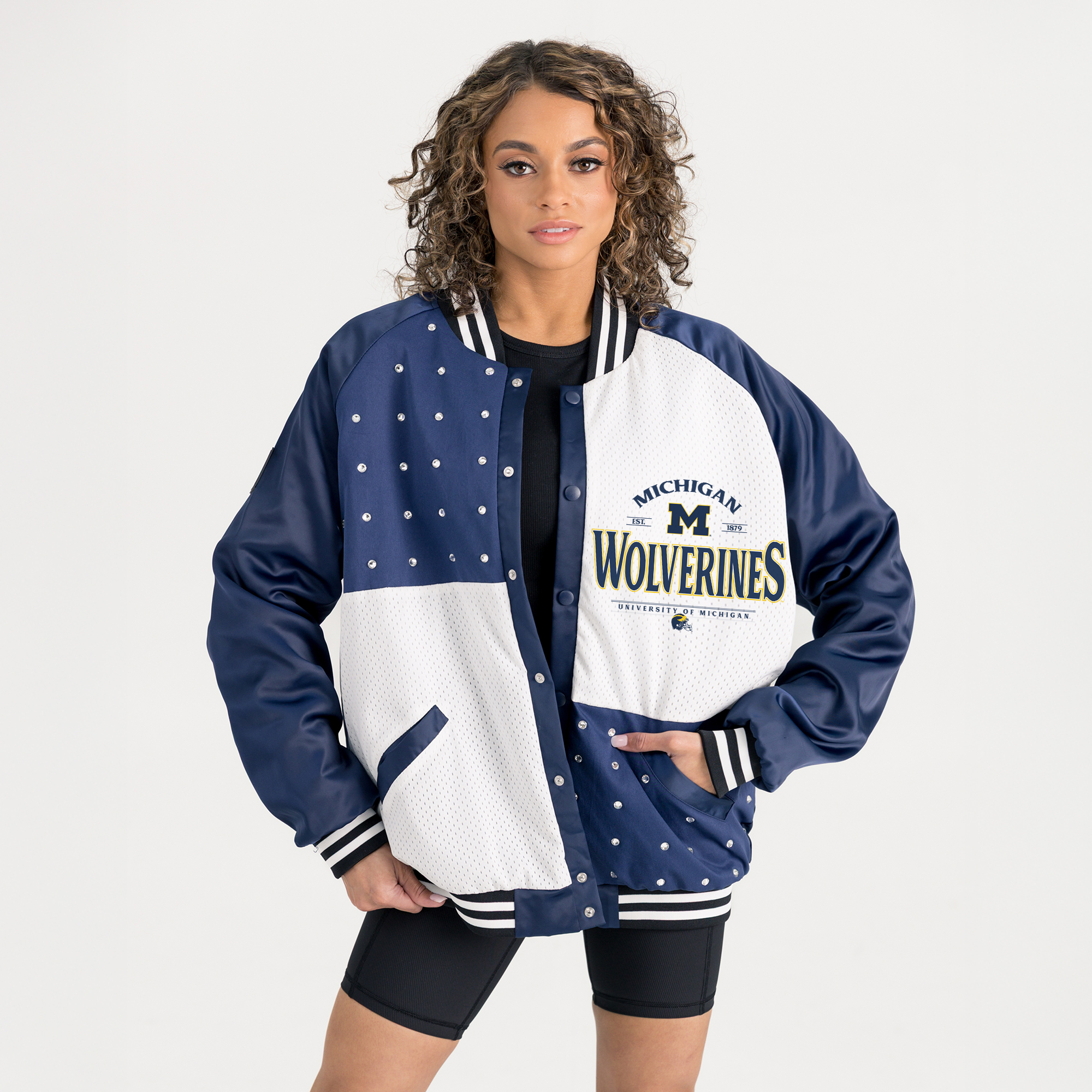 Women’s Gameday Couture Navy Michigan Wolverines Oversized Inner Drive Varsity Rhinestone Full-Snap Bomber Jacket Women’s Gameday Couture Navy Michigan Wolverines Oversized Inner Drive Varsity Rhinestone Full-Snap Bomber Jacket