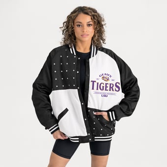 Women's Gameday Couture Black LSU Tigers Oversized Inner Drive Varsity Rhinestone Full-Snap Bomber Jacket