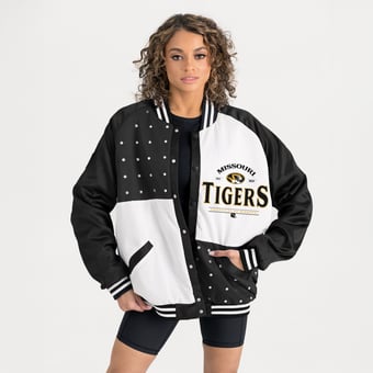 Women's Gameday Couture Black Missouri Tigers Oversized Inner Drive Varsity Rhinestone Full-Snap Bomber Jacket