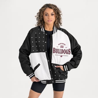 Women's Gameday Couture Black Mississippi State Bulldogs Oversized Inner Drive Varsity Rhinestone Full-Snap Bomber Jacket