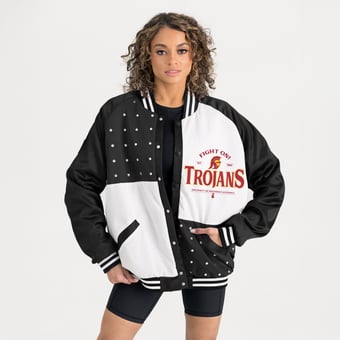 Women's Gameday Couture Black USC Trojans Oversized Inner Drive Varsity Rhinestone Full-Snap Bomber Jacket