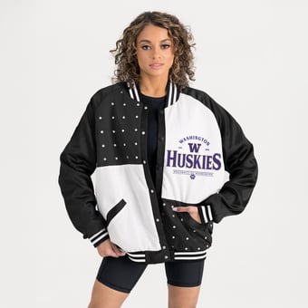 Women's Gameday Couture Black Washington Huskies Oversized Inner Drive Varsity Rhinestone Full-Snap Bomber Jacket