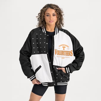 Women's Gameday Couture Black Tennessee Volunteers Oversized Inner Drive Varsity Rhinestone Full-Snap Bomber Jacket