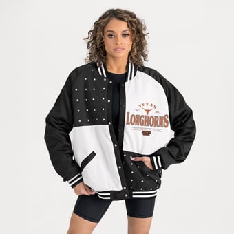 Women's Gameday Couture Black Texas Longhorns Oversized Inner Drive Varsity Rhinestone Full-Snap Bomber Jacket
