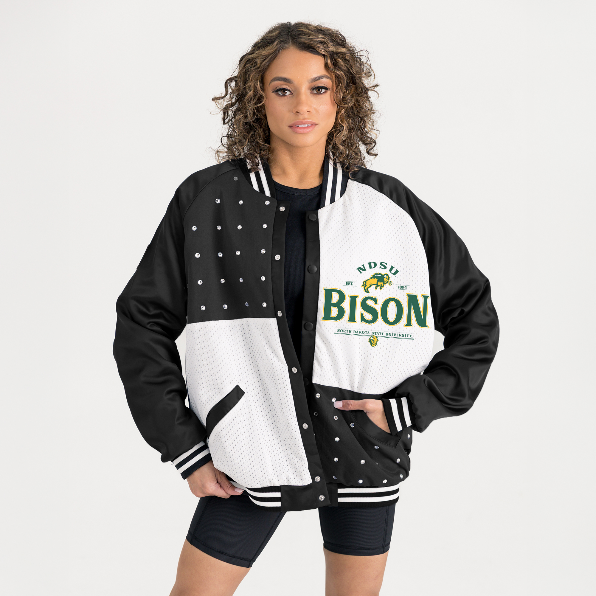 Women’s Gameday Couture Black NDSU Bison Oversized Inner Drive Varsity Rhinestone Full-Snap Bomber Jacket