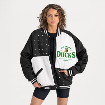 Women's Gameday Couture Black Oregon Ducks Oversized Inner Drive Varsity Rhinestone Full-Snap Bomber Jacket