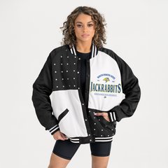 Women's Gameday Couture Black South Dakota State Jackrabbits Oversized Inner Drive Varsity Rhinestone Full-Snap Bomber Jacket