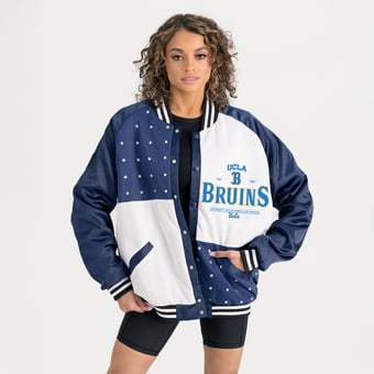 Women's Gameday Couture Navy UCLA Bruins Oversized Inner Drive Varsity Rhinestone Full-Snap Bomber Jacket