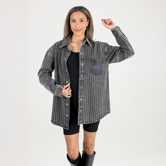 Women's Gameday Couture Black TCU Horned Frogs Oversized Style's the Limit Micro-Rhinestone Stripe Washed Denim Button Up Overshirt