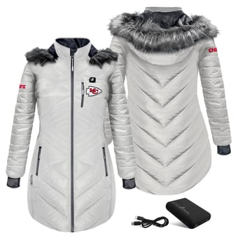Women's ActionHeat White Kansas City Chiefs 5V Battery Heated Long Puffer Full-Zip Hoodie Jacket