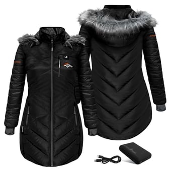 Women's ActionHeat Black Denver Broncos 5V Battery Heated Long Puffer Full-Zip Hoodie Jacket