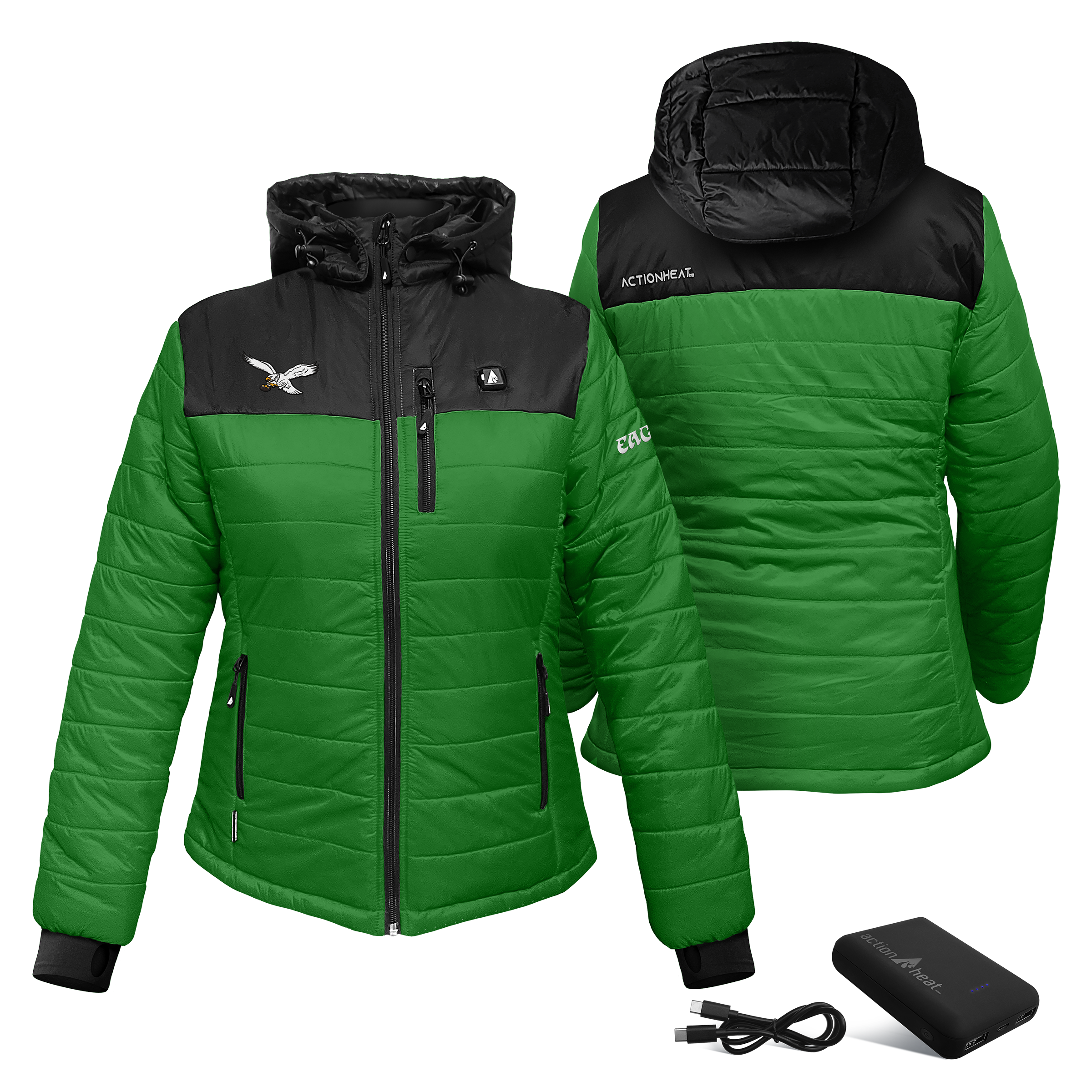 Women's ActionHeat Kelly Green/Black Philadelphia Eagles 5V Battery Heated Insulated Puffer Full-Zip Jacket