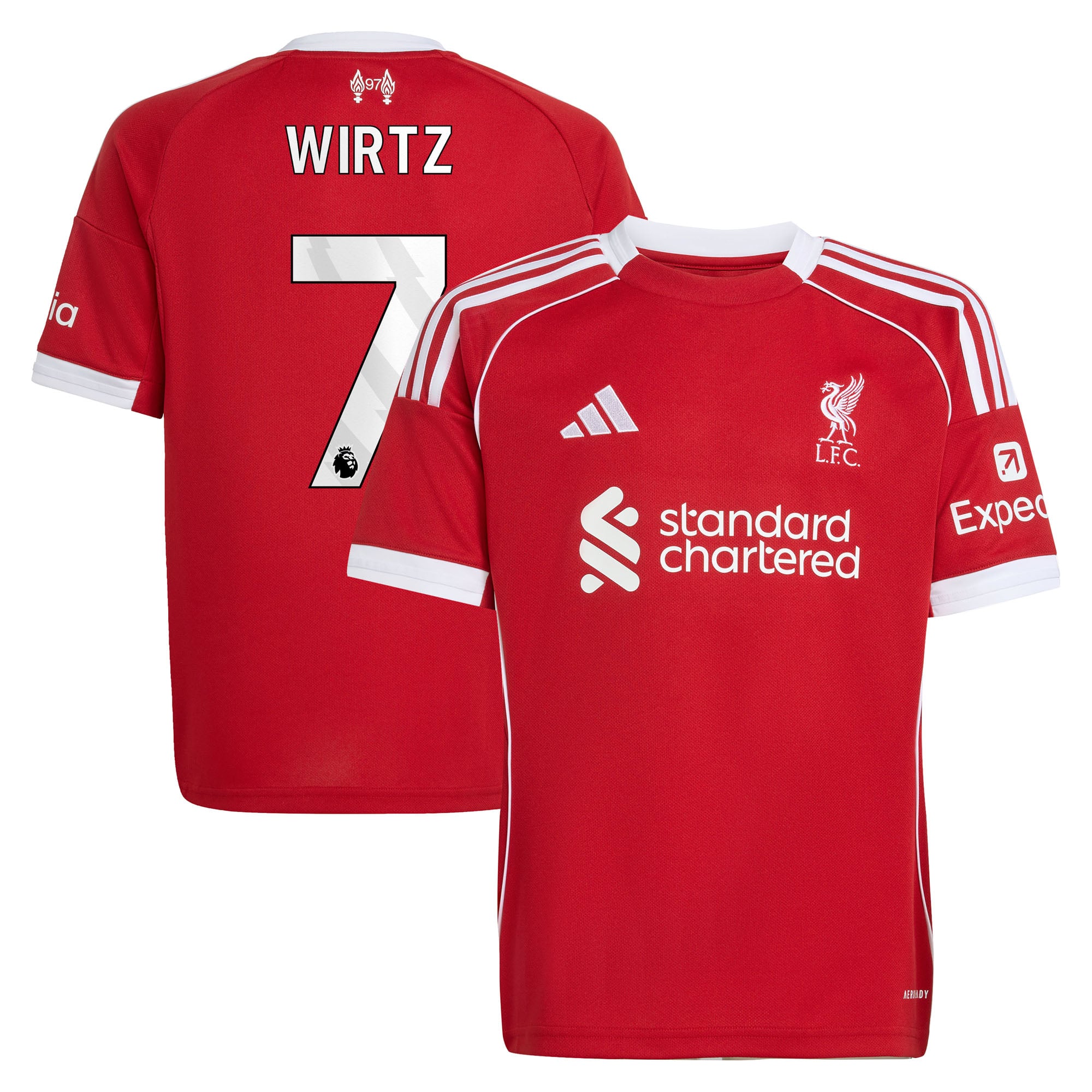 Liverpool adidas Home Shirt 2025-26 - Kids with Wirtz 7 printing