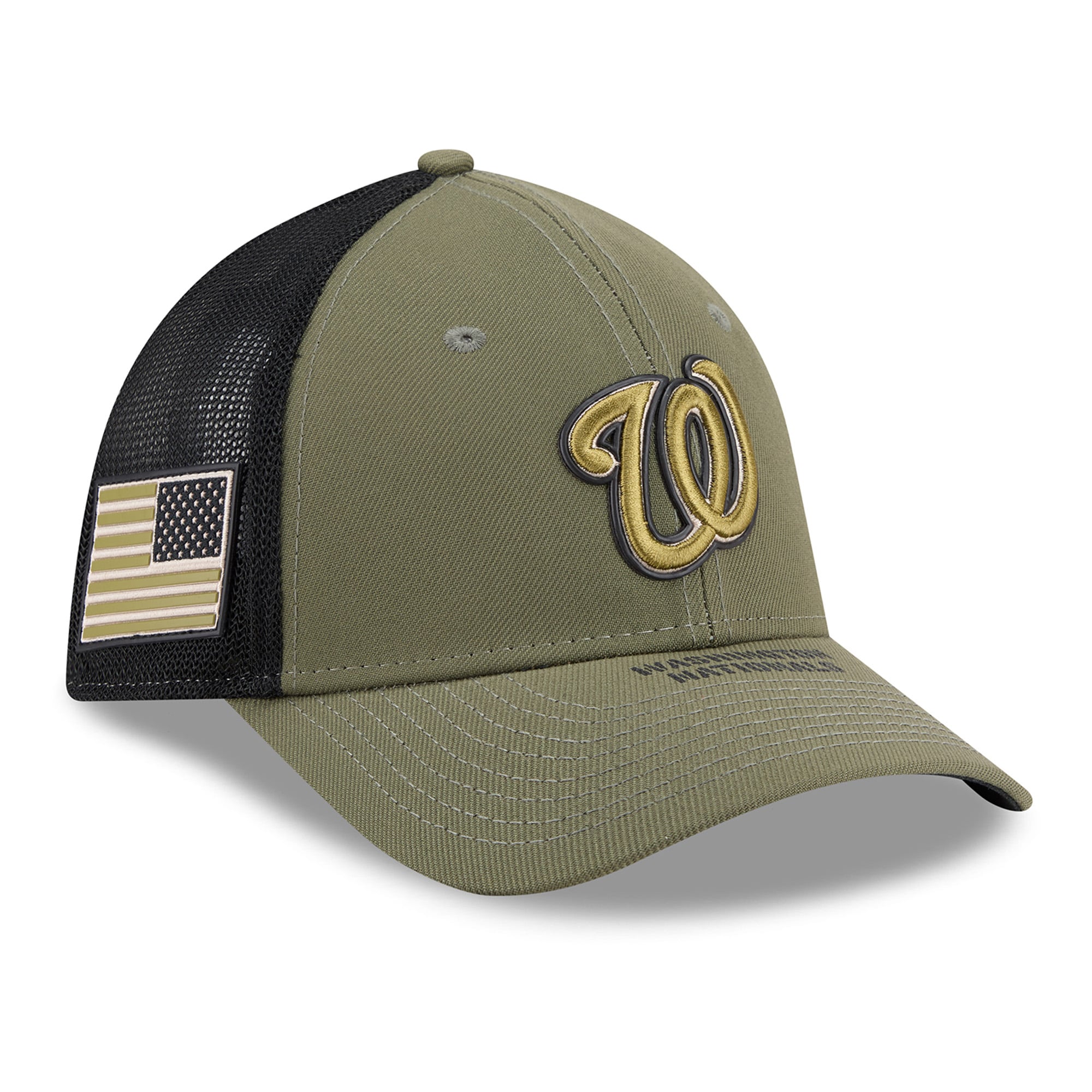 Men's New Era  Olive Washington Nationals 2026 Armed Forces Day 39THIRTY M-Crown Trucker Flex Hat