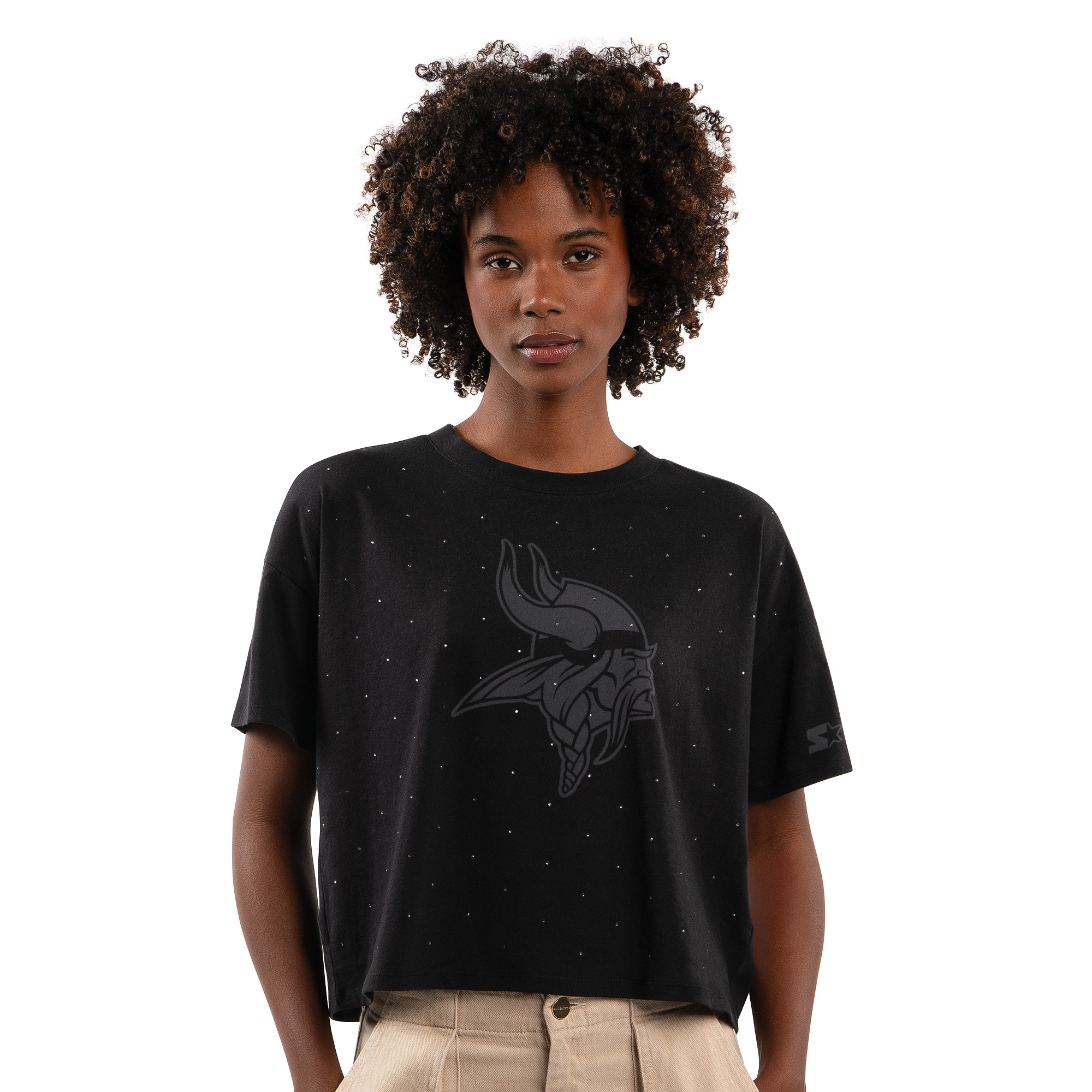 Women's Starter Black Minnesota Vikings Rhinestone Sprinkle Boxy Cropped T-Shirt