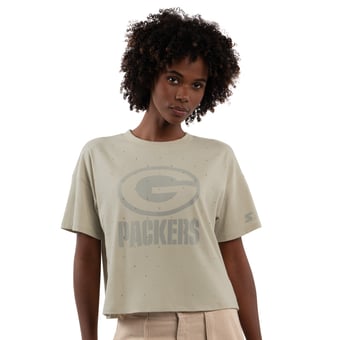 Women's Starter Khaki Green Bay Packers Rhinestone Sprinkle Boxy Cropped T-Shirt