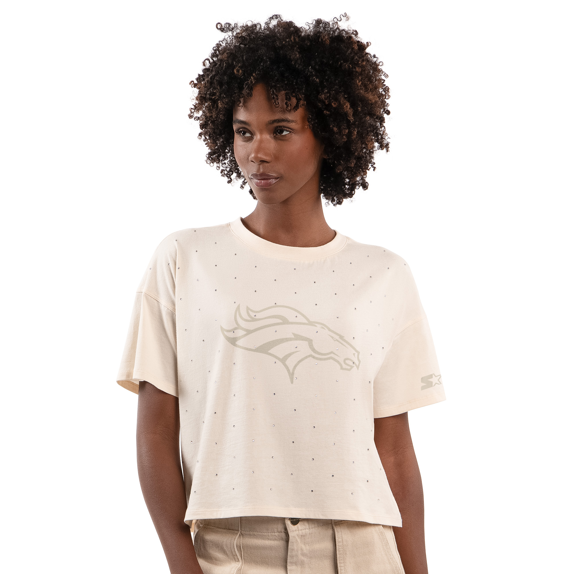 Women's Starter Cream Denver Broncos Rhinestone Sprinkle Boxy Cropped T-Shirt