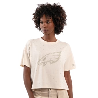 Women's Starter Cream Philadelphia Eagles Rhinestone Sprinkle Boxy Cropped T-Shirt