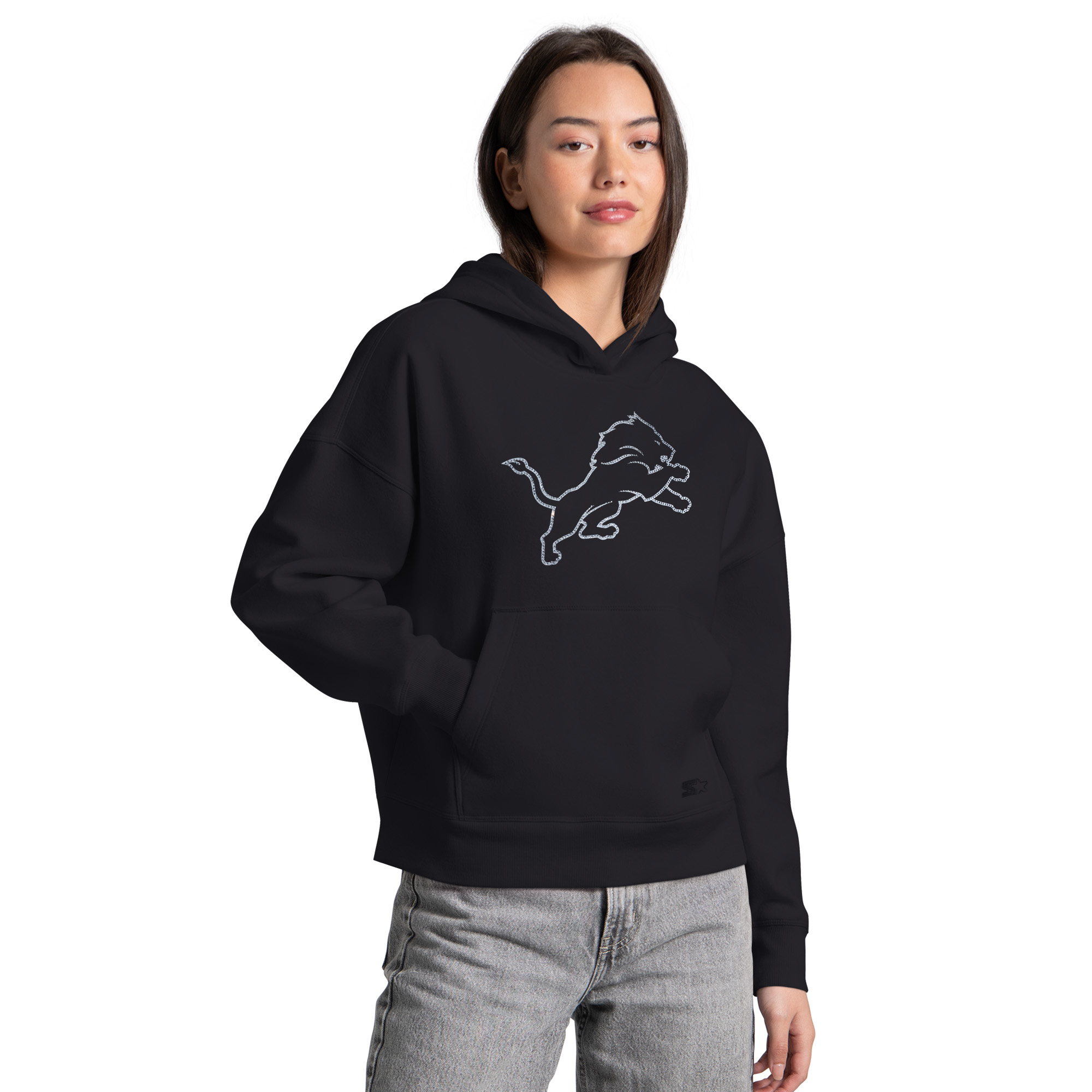 Women's Starter Black Detroit Lions Rhinestone Relaxed Hoodie