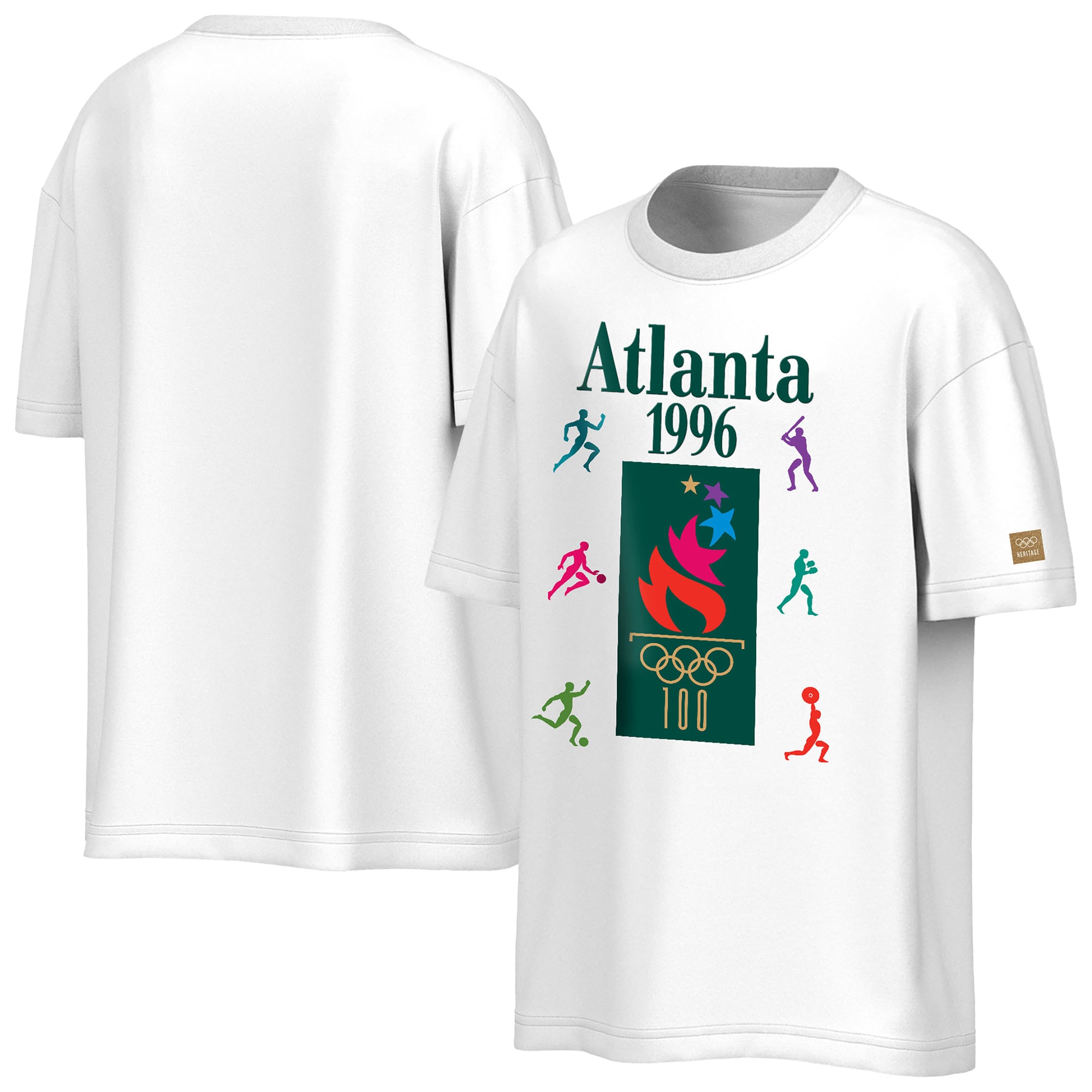 Maglietta oversize da uomo Outerstuff bianca con emblema della mascotte dei Giochi Olimpici di Atlanta 1996