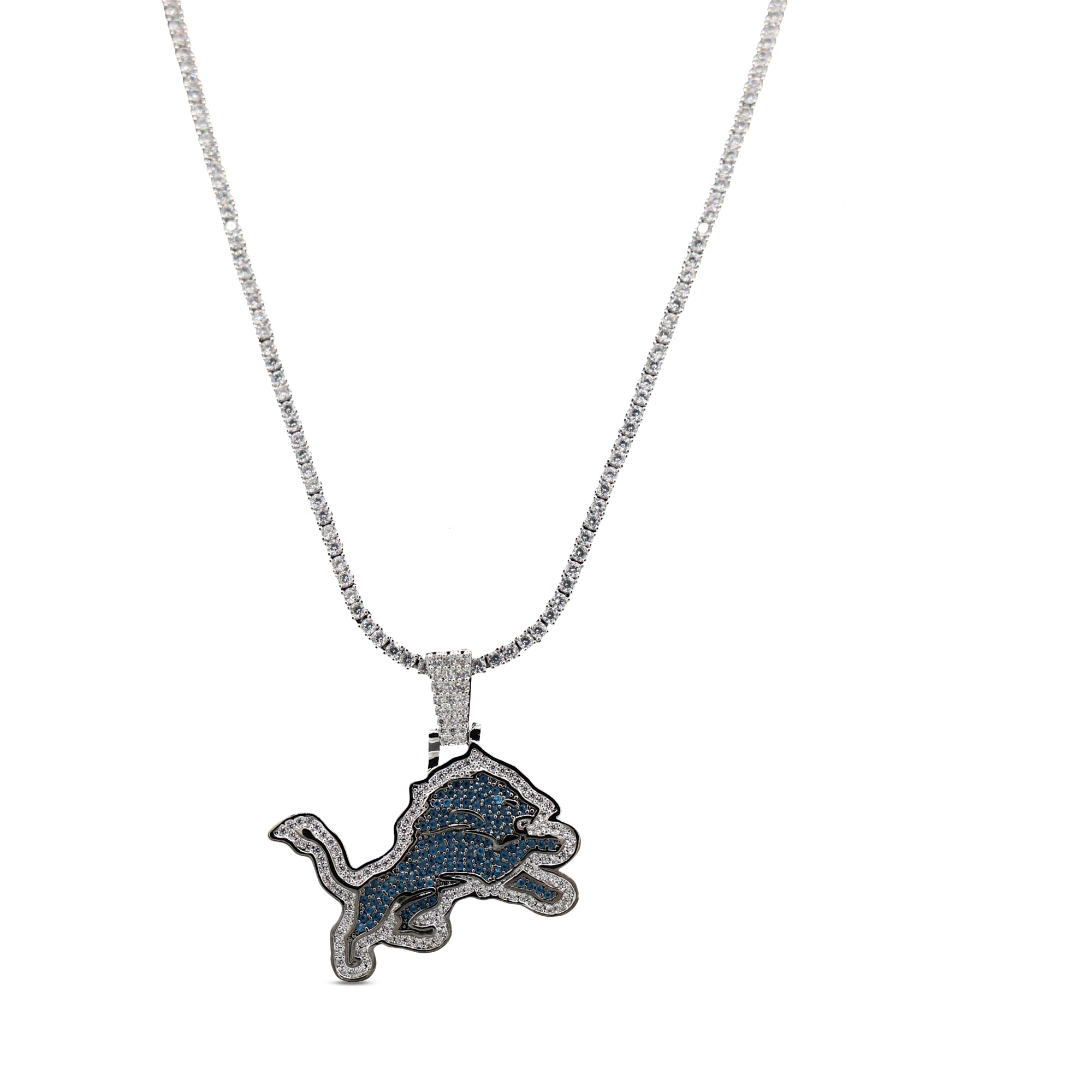 GLD Detroit Lions 14K White Gold Logo Pendant & 20" Tennis Chain
