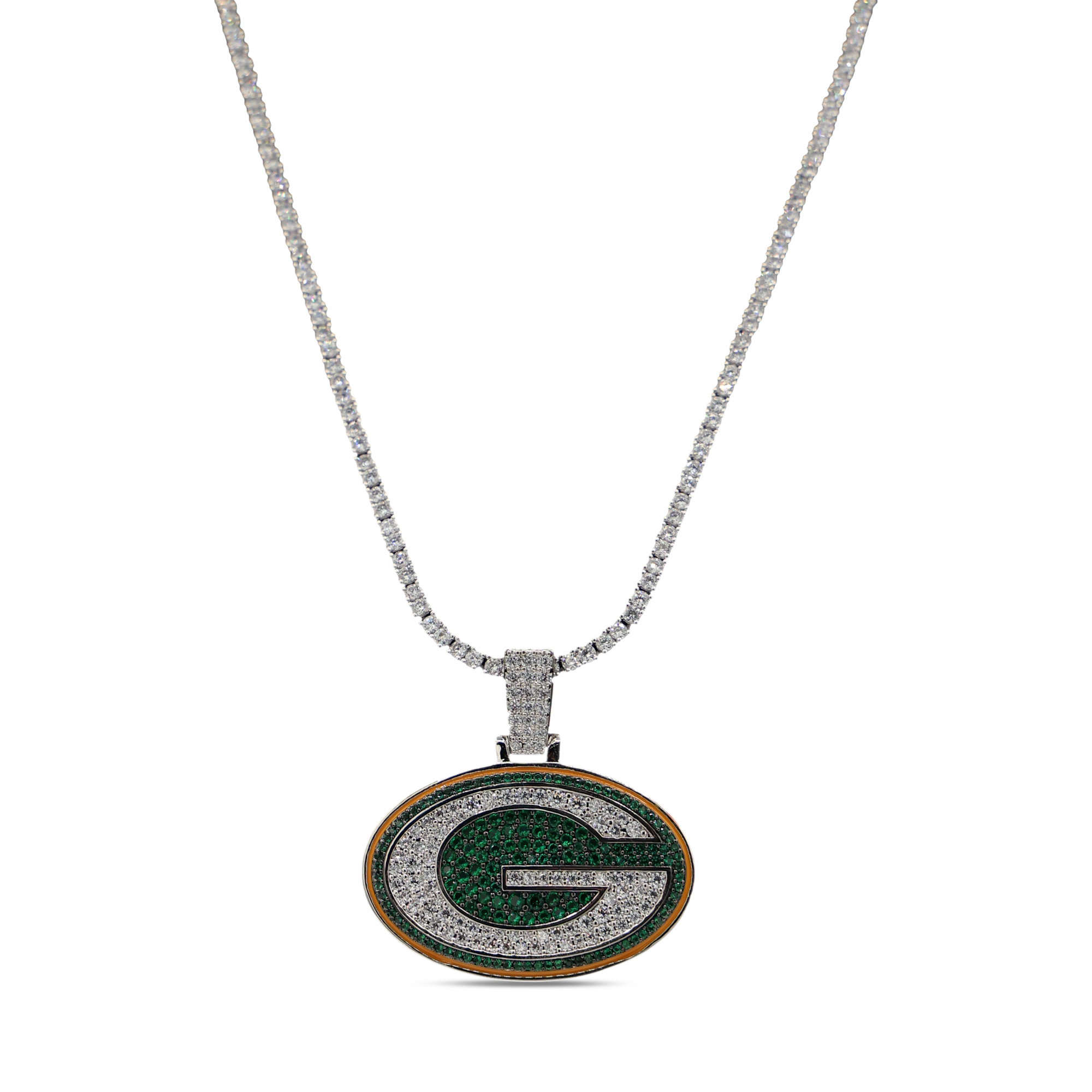 GLD Green Bay Packers 14K White Gold Logo Pendant & 20" Tennis Chain