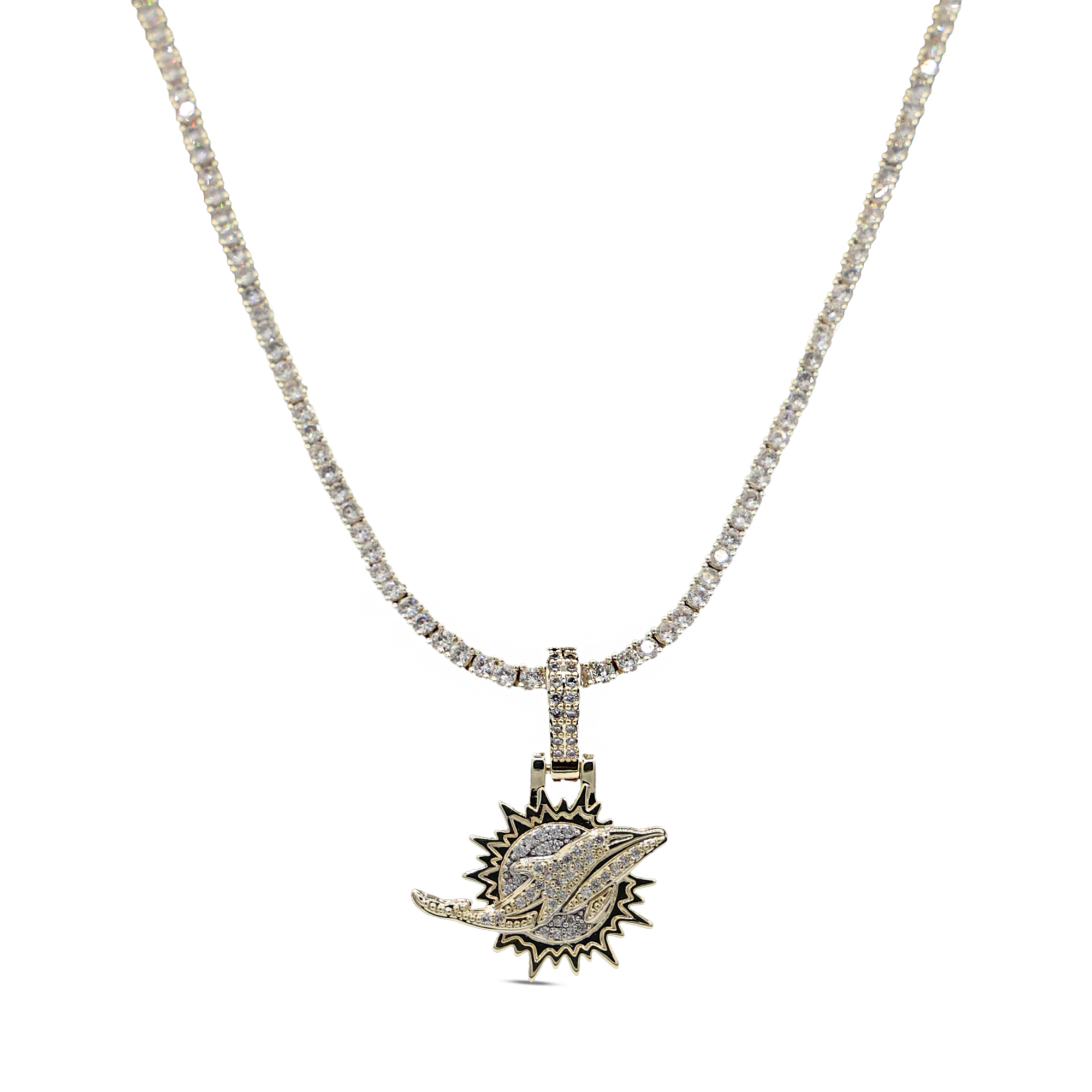 GLD Miami Dolphins 18K Yellow Gold Logo Pendant & 20" Tennis Chain