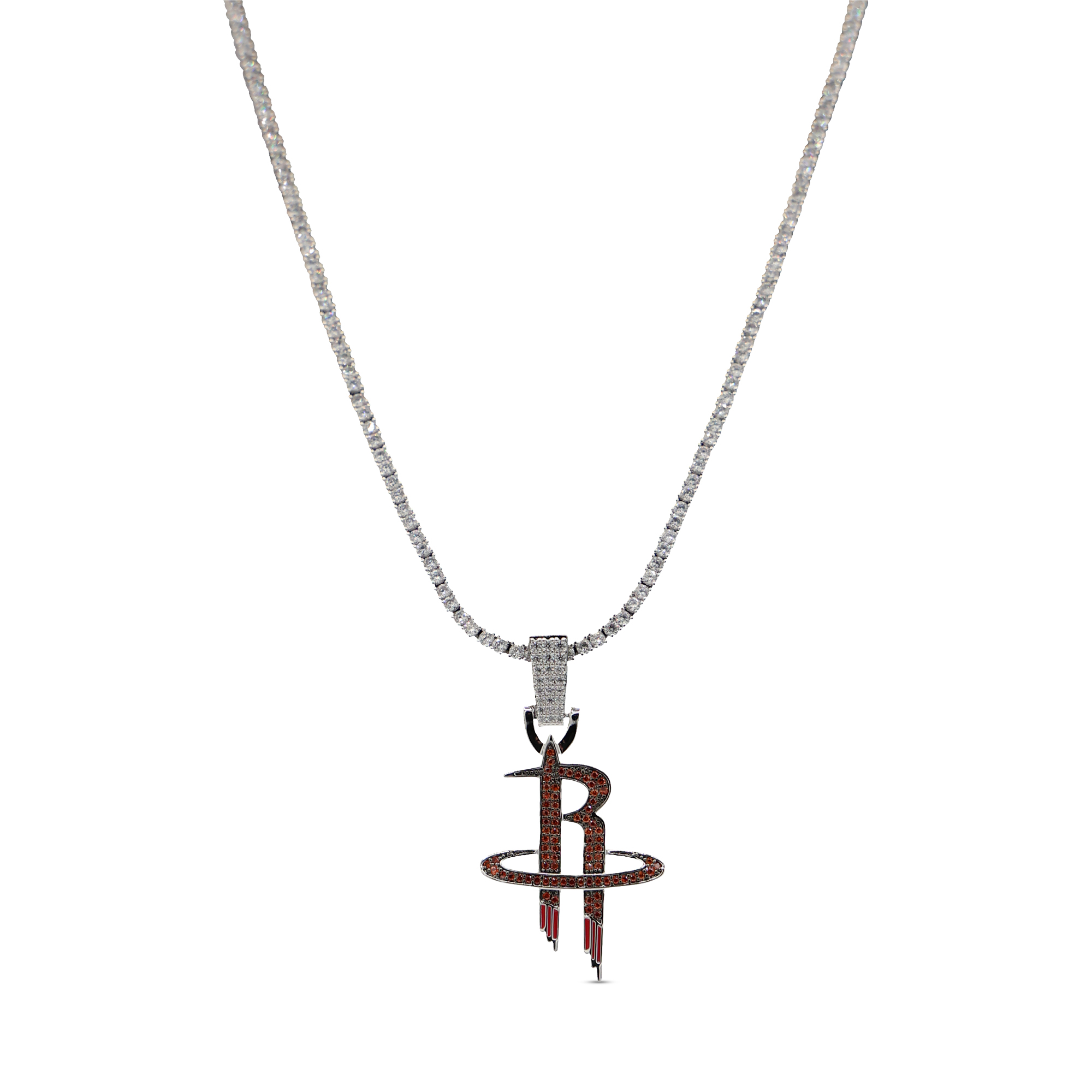 GLD Houston Rockets 14K White Gold Logo Pendant & 20" Tennis Chain