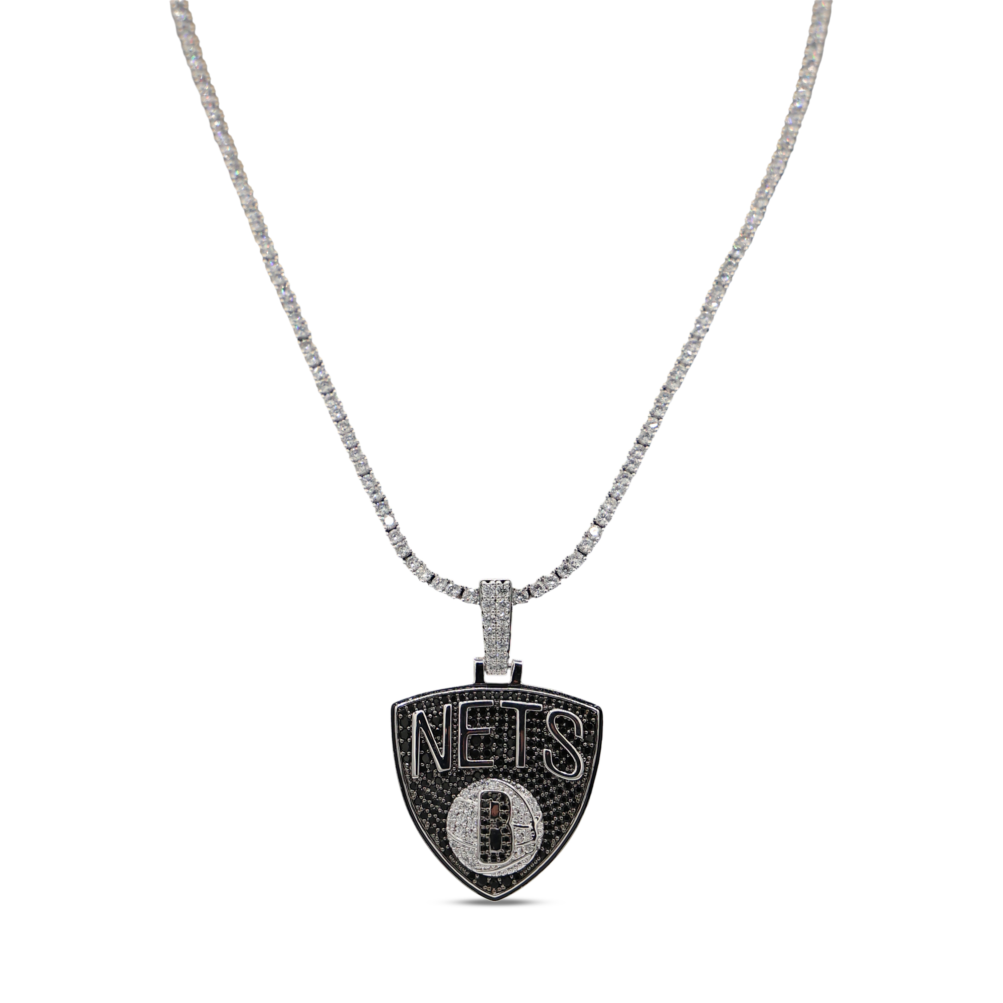 “GLD Brooklyn Nets 14K White Gold Logo Pendant & 20″” Tennis Chain” “GLD Brooklyn Nets 14K White Gold Logo Pendant & 20″” Tennis Chain”