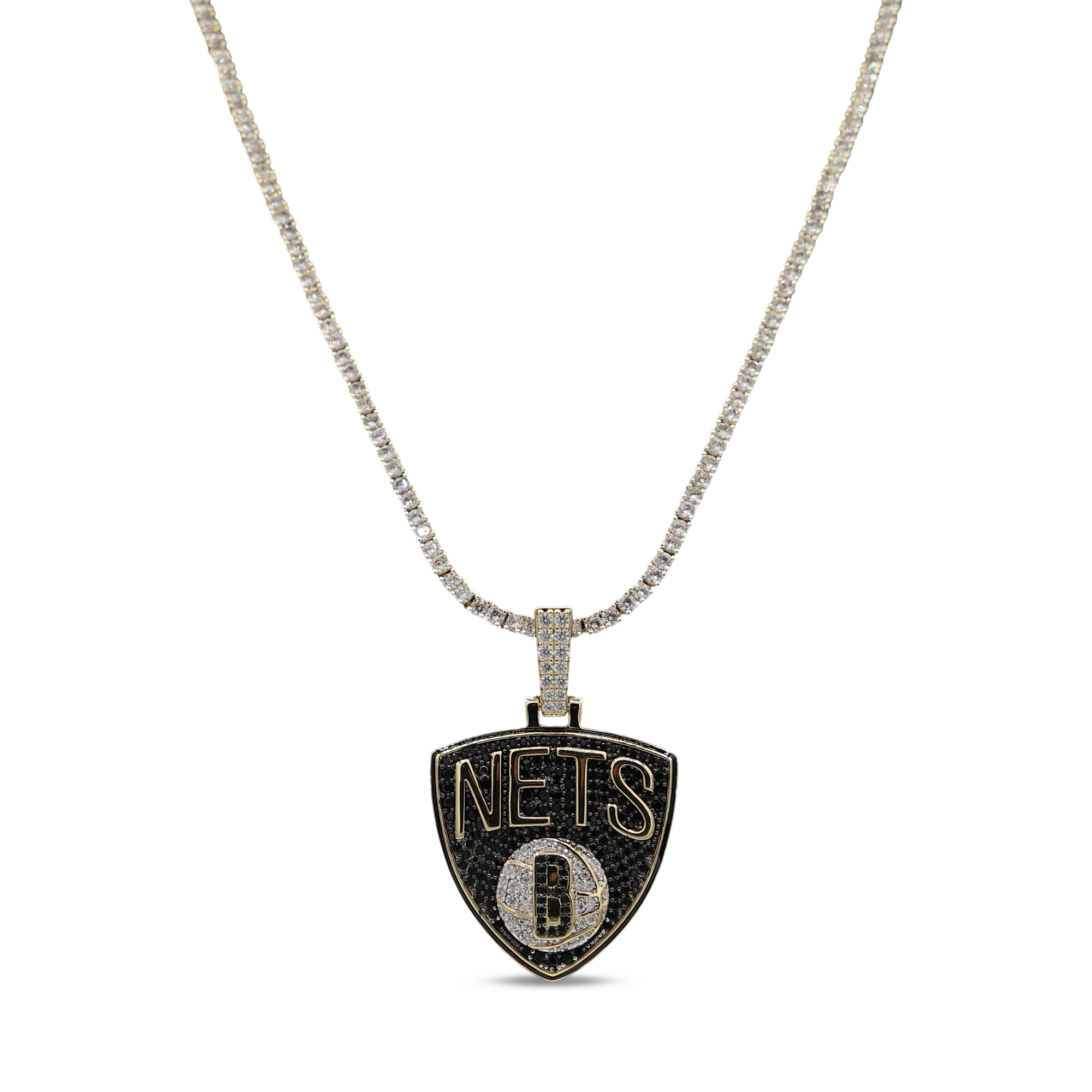 “GLD Brooklyn Nets 18K Yellow Gold Logo Pendant & 20″” Tennis Chain” “GLD Brooklyn Nets 18K Yellow Gold Logo Pendant & 20″” Tennis Chain”