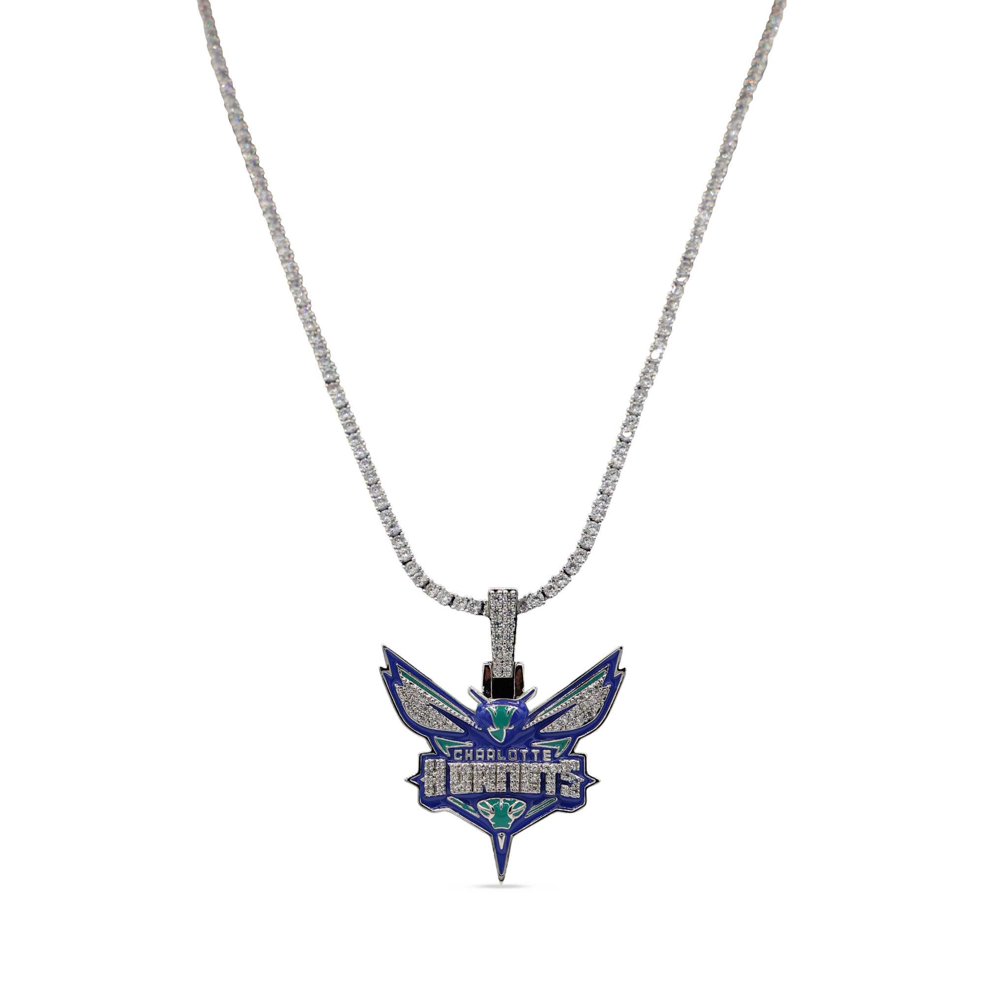 GLD Charlotte Hornets 14K White Gold Logo Pendant & 20" Tennis Chain