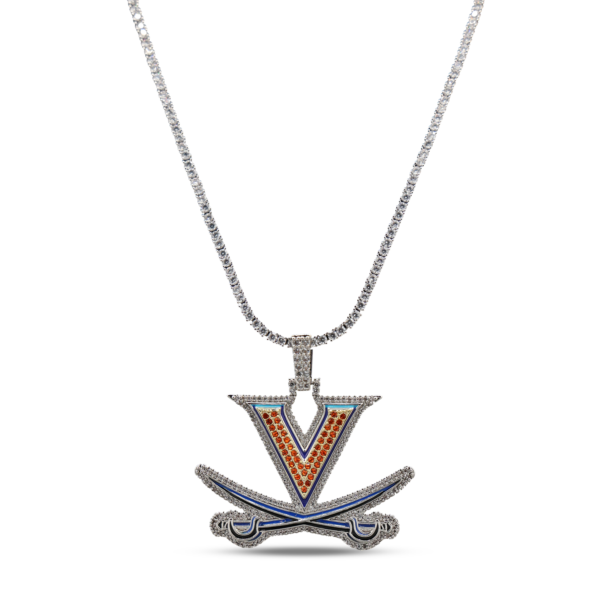 GLD Virginia Cavaliers 14K White Gold Logo Pendant & 20" Tennis Chain