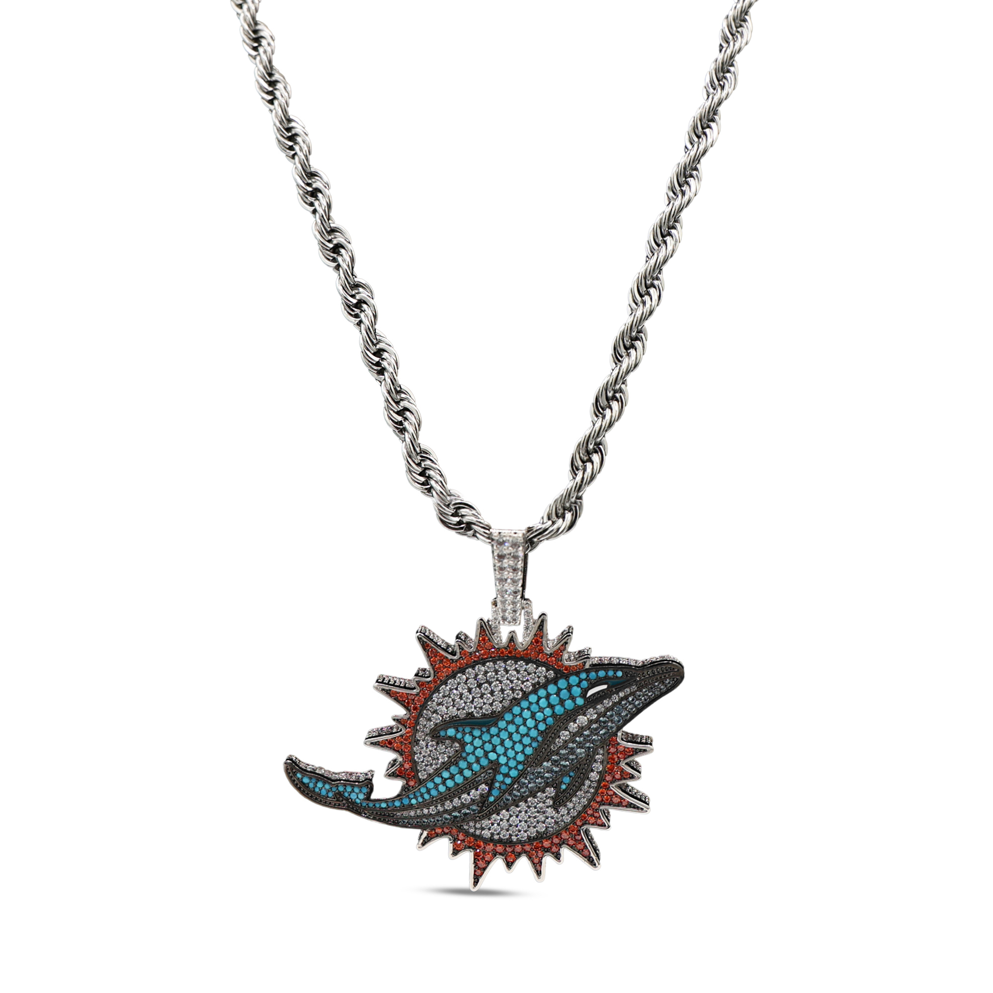 GLD Miami Dolphins 14K White Gold Logo Pendant & 20" Rope Chain