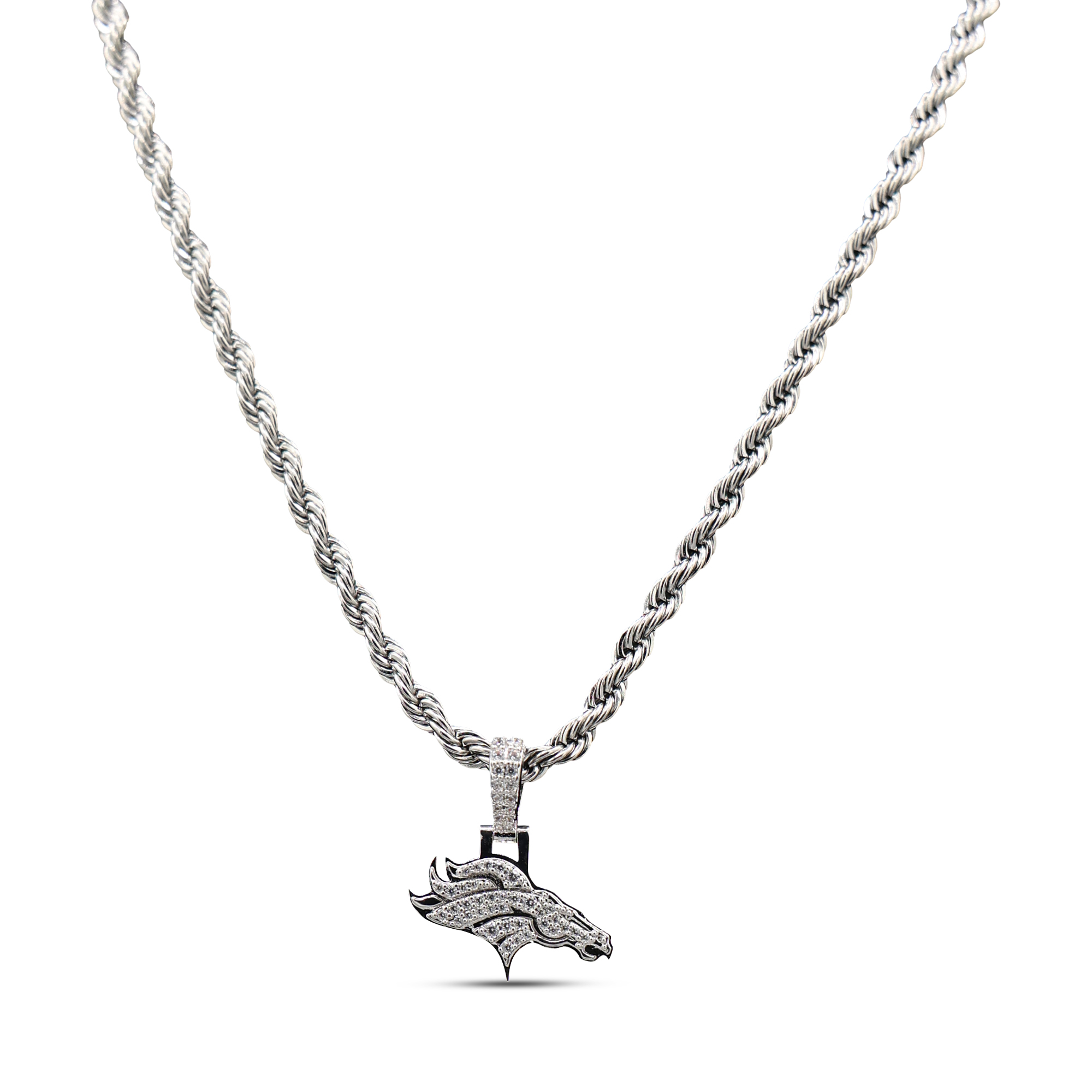 GLD Denver Broncos 14K White Gold Logo Pendant & 20" Rope Chain