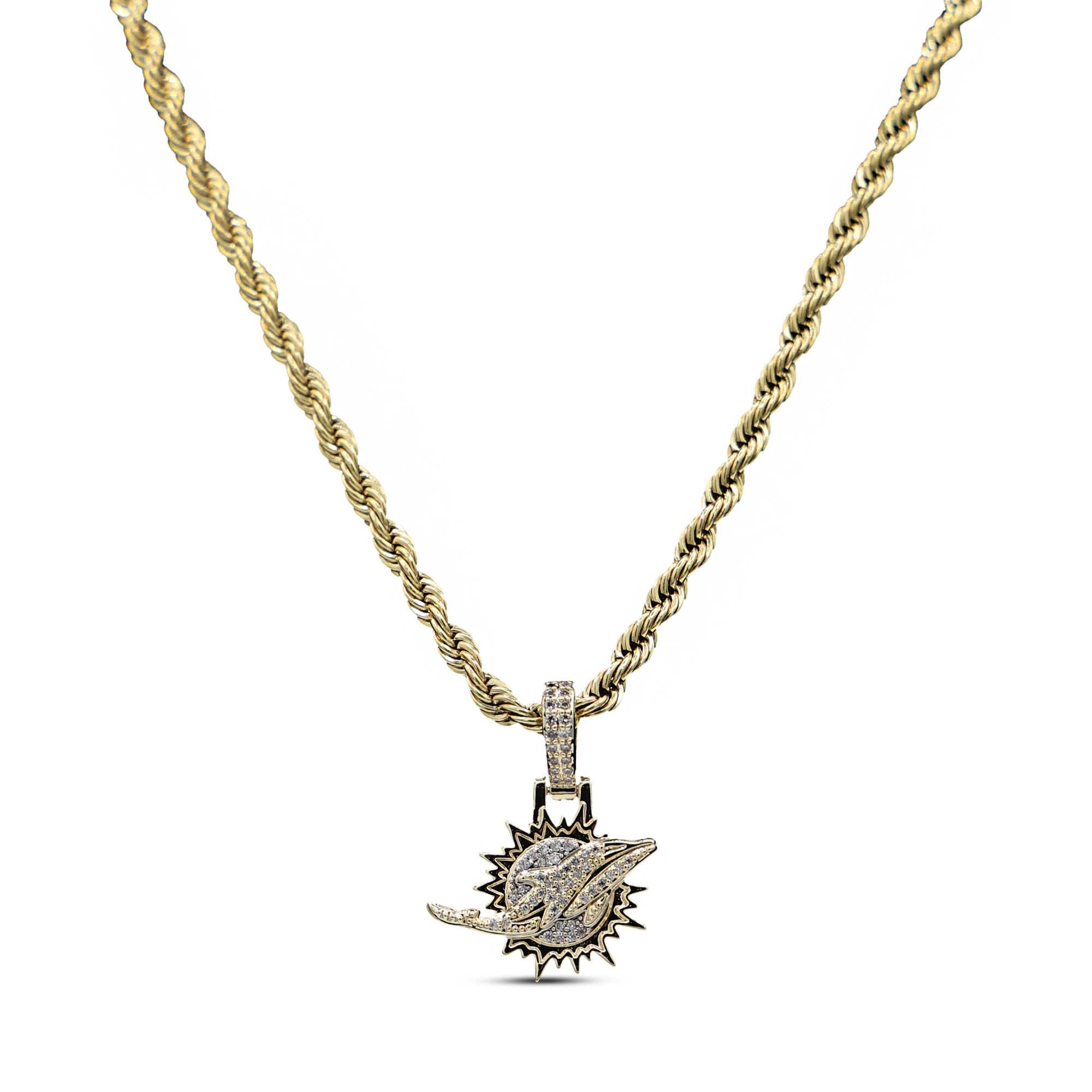 GLD Miami Dolphins 18K Yellow Gold Logo Pendant & 20" Rope Chain