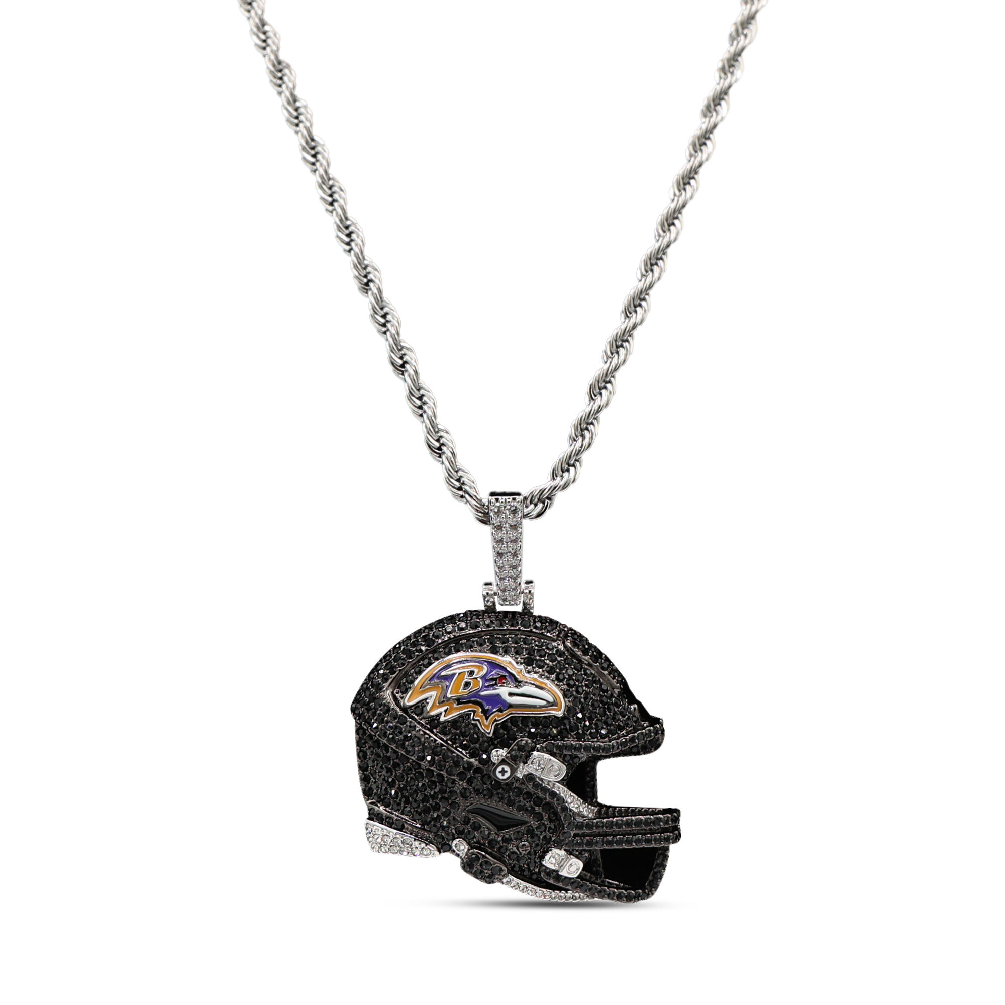 GLD Baltimore Ravens 14K White Gold Helmet Logo Pendant & 20" Rope Chain