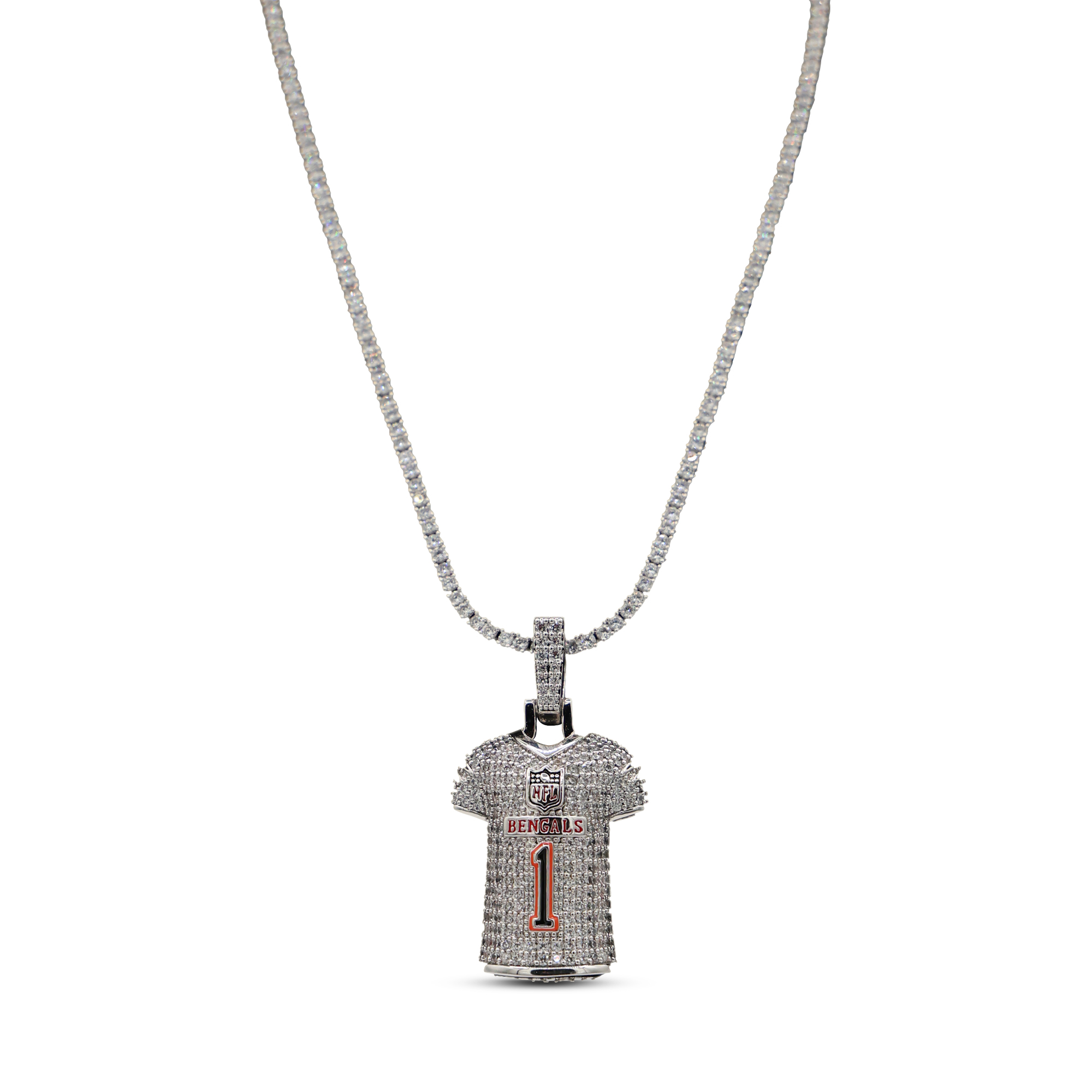 GLD Ja'Marr Chase Cincinnati Bengals 14K White Gold Jersey Logo Pendant & 20" Tennis Chain