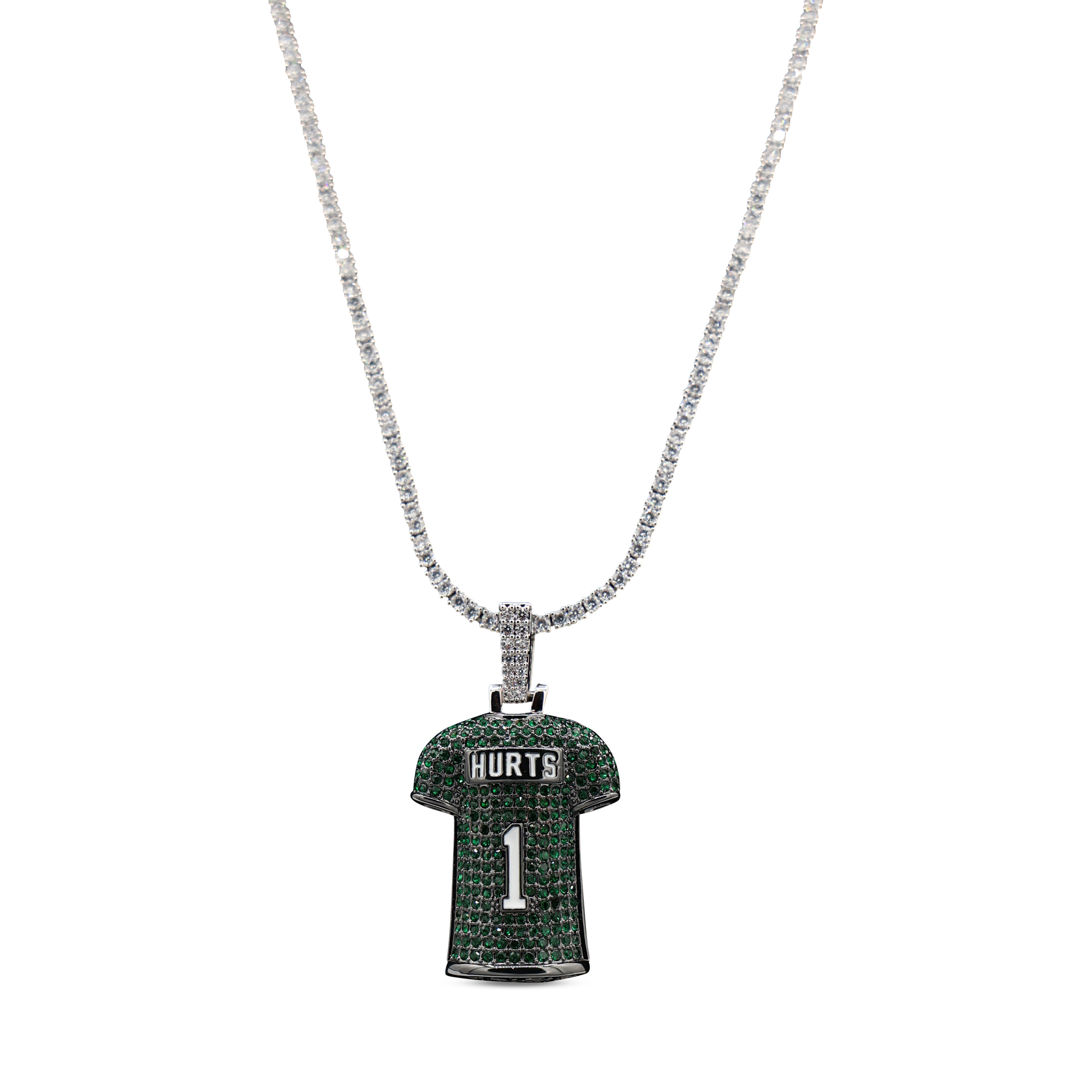 GLD Jalen Hurts Philadelphia Eagles 14K White Gold Jersey Logo Pendant & 20" Tennis Chain