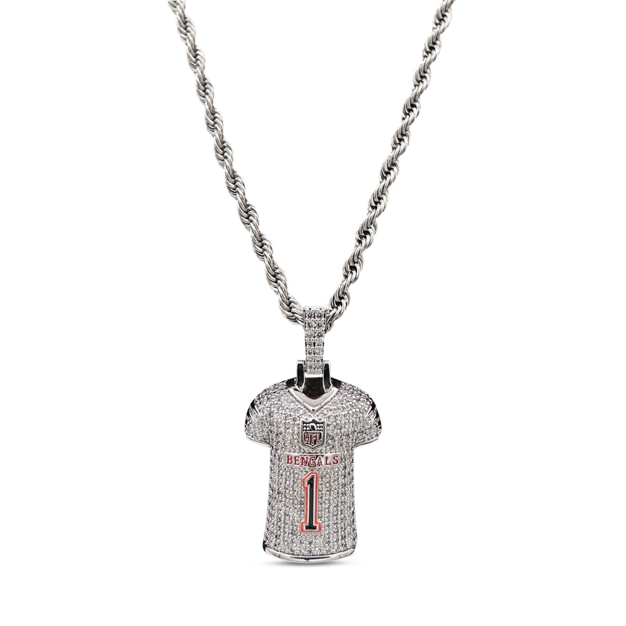GLD Ja'Marr Chase Cincinnati Bengals 14K White Gold Jersey Logo Pendant & 20" Rope Chain