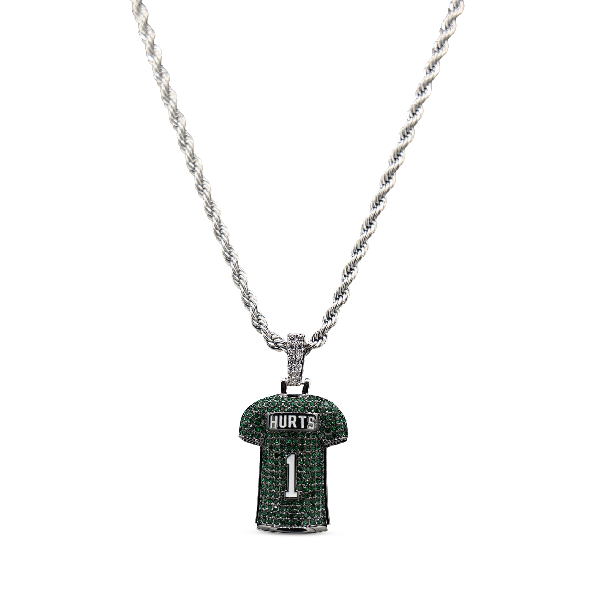GLD Jalen Hurts Philadelphia Eagles 14K White Gold Jersey Logo Pendant & 20" Rope Chain