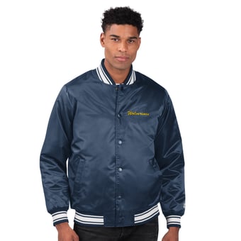 Men's Starter Navy Michigan Wolverines Two-Hit Satin Varsity Full-Snap Jacket
