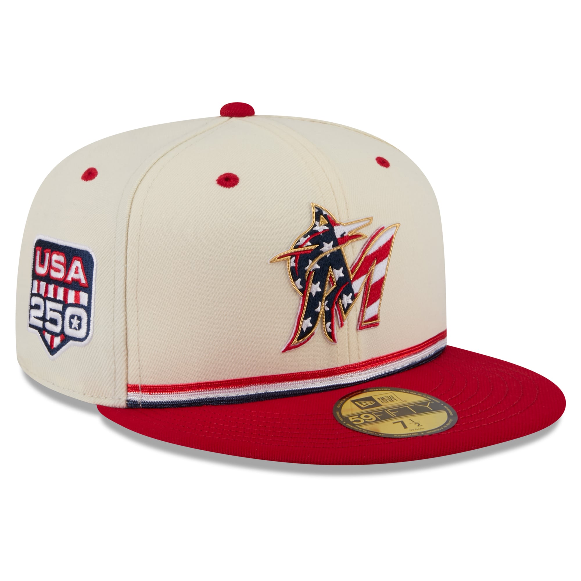 Men's New Era Cream/Red Miami Marlins USA 250 Fourth of July 59FIFTY Fitted Hat