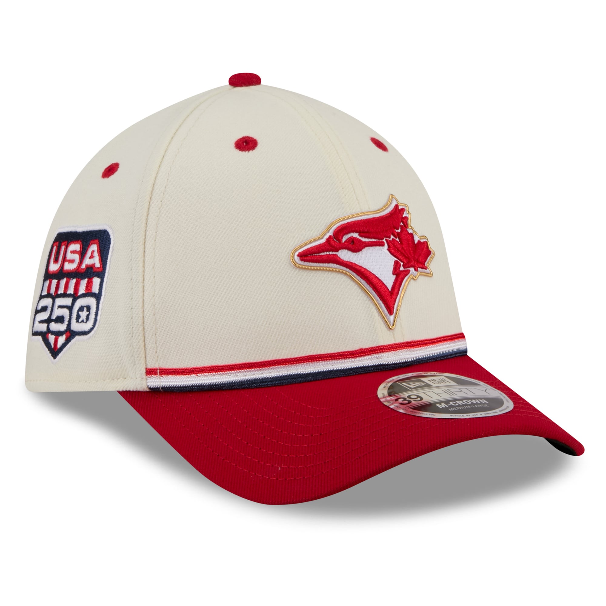 Men's New Era Cream/Red Toronto Blue Jays USA 250 Fourth of July 39THIRTY M-Crown Flex Hat