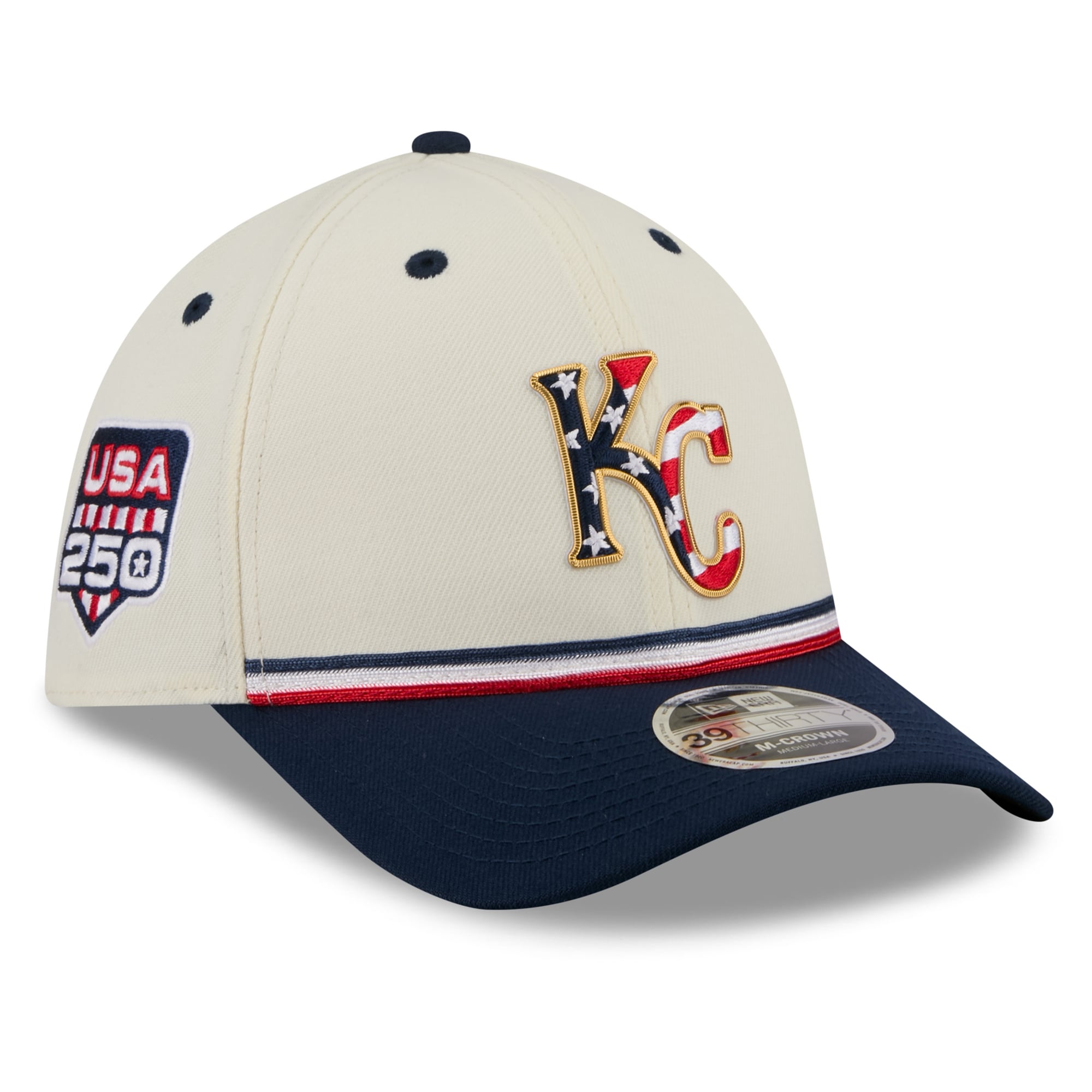 Men's New Era Cream/Navy Kansas City Royals USA 250 Fourth of July 39THIRTY M-Crown Flex Hat