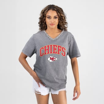 Women's Gameday Couture Gray Kansas City Chiefs Relaxed Iconic Edge Rhinestone V-Neck T-Shirt
