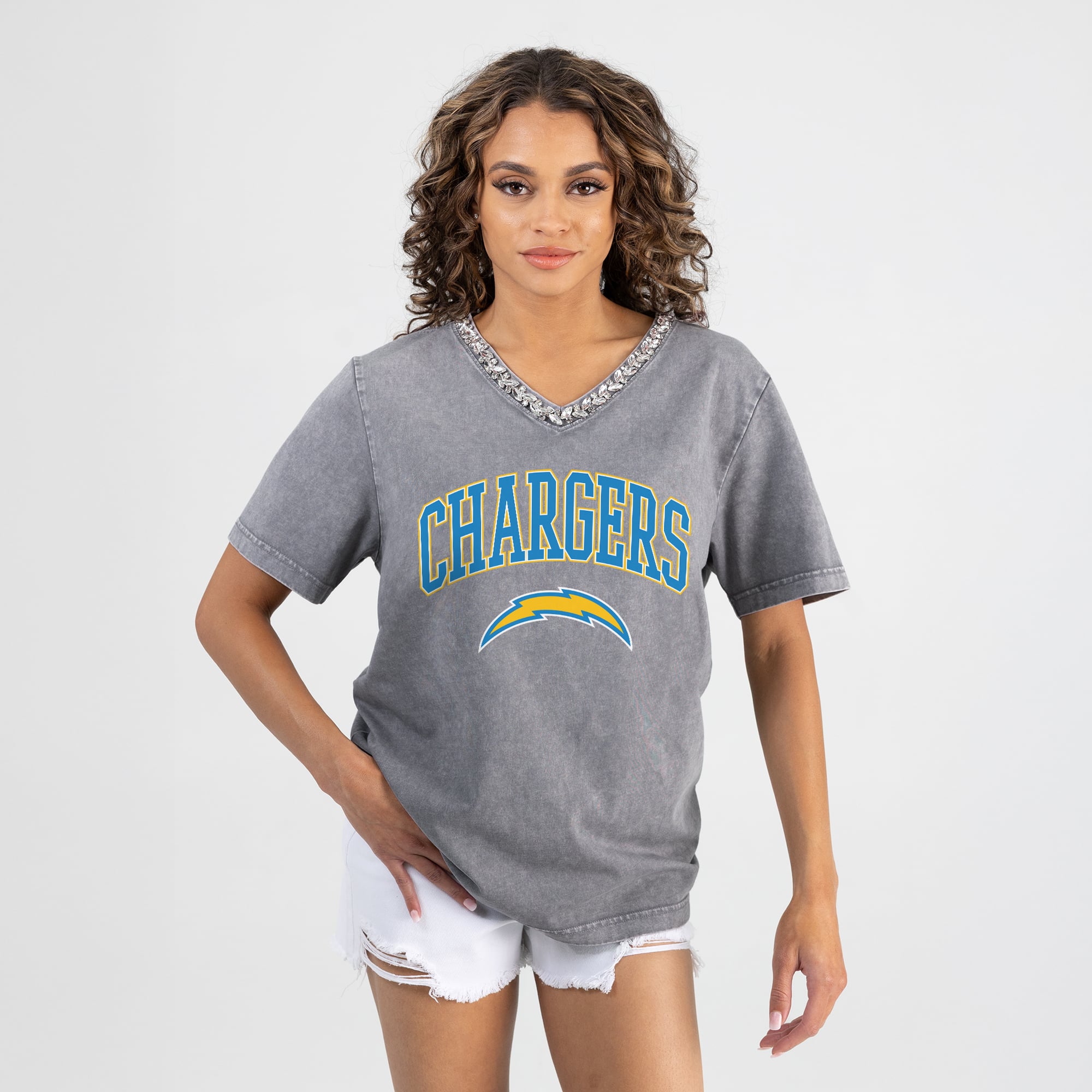 Women's Gameday Couture Gray Los Angeles Chargers Relaxed Iconic Edge Rhinestone V-Neck T-Shirt