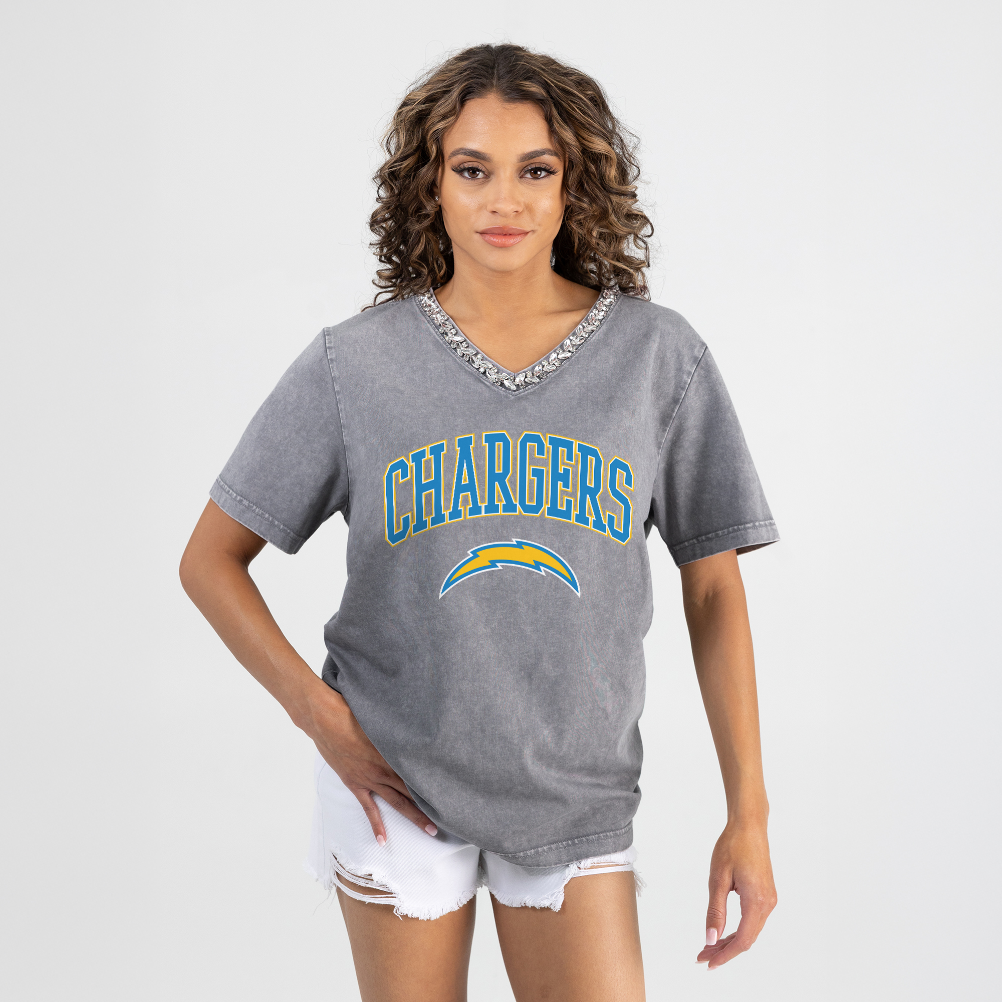 Gameday Couture Women's Gray Los Angeles Chargers Relaxed Iconic Edge Rhinestone V-Neck T-Shirt - Gray