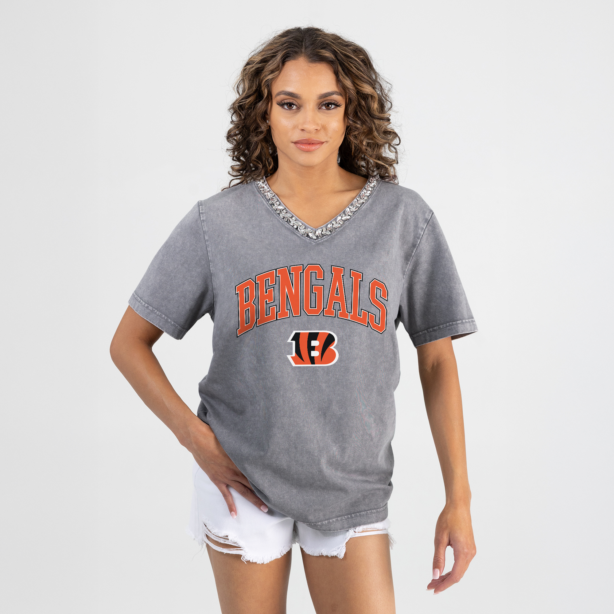 Gameday Couture Women's Gray Cincinnati Bengals Relaxed Iconic Edge Rhinestone V-Neck T-Shirt - Gray